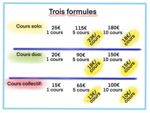 Tarifs des cours de natation solo-duo-collectif proposés par atypique et moi pour apprendre l’accoutumance jusqu’aux techniques de natation.