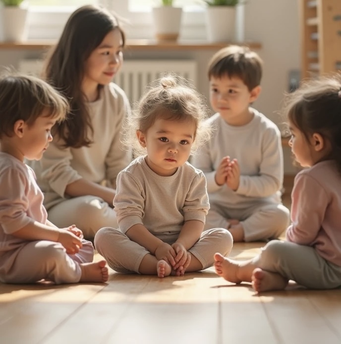 Après un rituel d’accueil et de rencontre l’atelier de psychomotricité peut commencer.